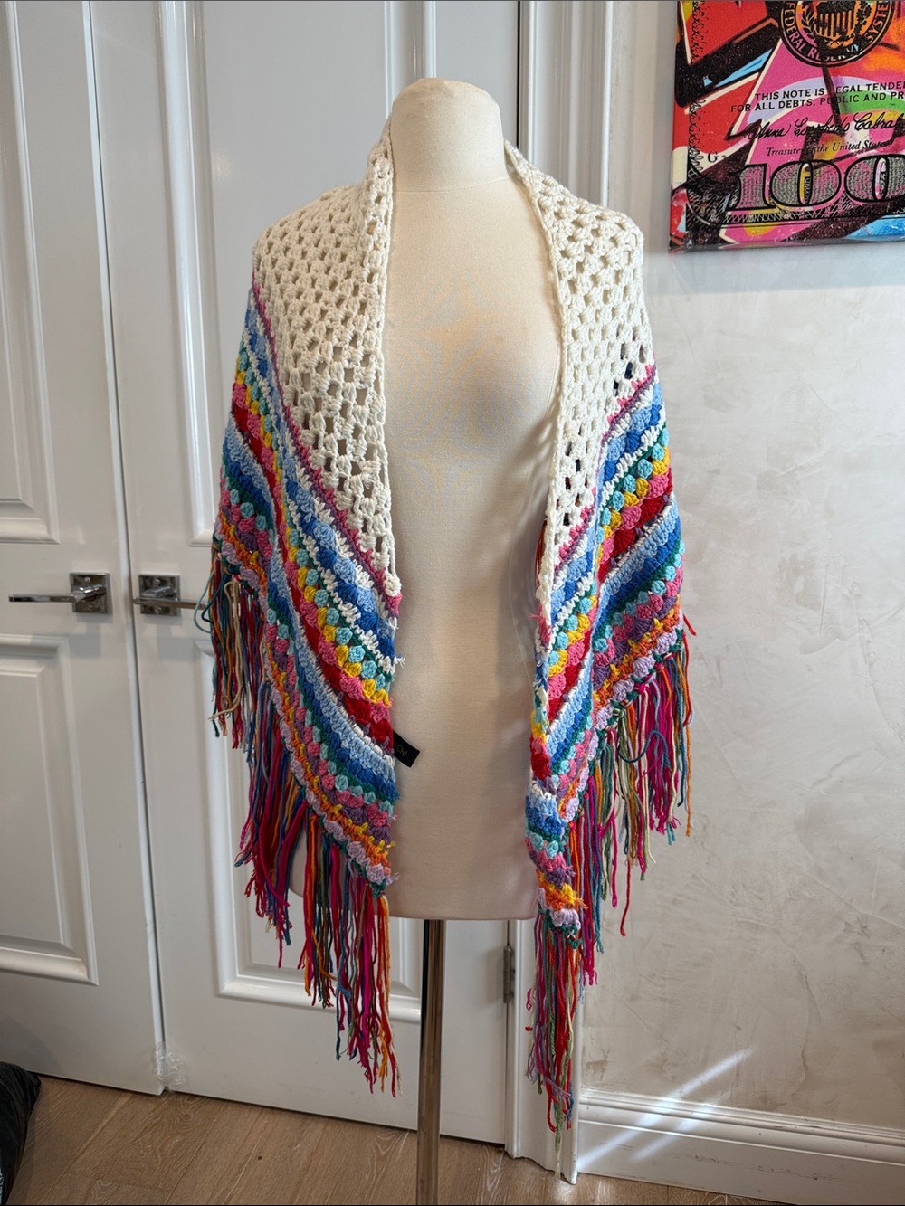SAACHI Multicolor Crochet Fringe Shawl with Cream Trim